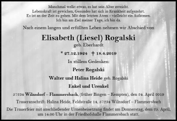Traueranzeige von Elisabeth Rogalski von vrm-trauer