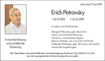 Traueranzeige von Erich Petrovsky von  WNZ - Wetzlarer Neue Zeitung ()