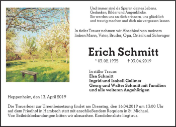 Traueranzeige von Erich Schmitt von vrm-trauer