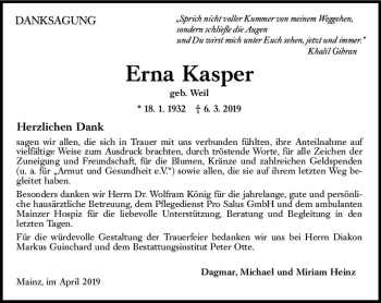 Traueranzeige von Erna Kasper von vrm-trauer