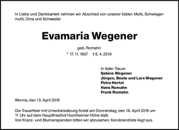 Traueranzeige von Evamaria Wegener von vrm-trauer