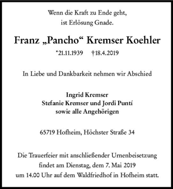 Traueranzeige von Franz Kremser Koehler von vrm-trauer