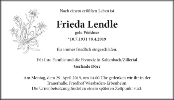 Traueranzeige von Frieda Lendle von vrm-trauer