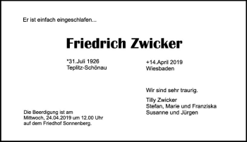Traueranzeige von Friedrich Zwicker von vrm-trauer