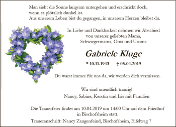 Traueranzeige von Gabriele Kluge von vrm-trauer