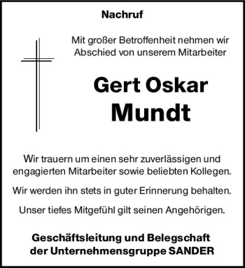 Traueranzeige von Gert Oskar Mundt von vrm-trauer
