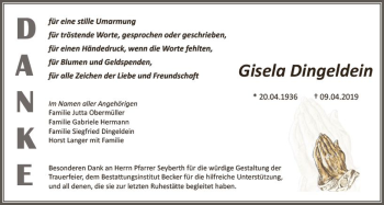 Traueranzeige von Gisela Dingeldein von vrm-trauer