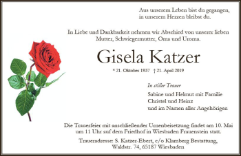 Traueranzeige von Gisela Katzer von vrm-trauer