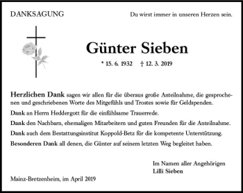 Traueranzeige von Günter Sieben von vrm-trauer