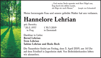 Traueranzeige von Hannelore Lehrian von vrm-trauer