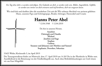 Traueranzeige von Hanns Peter Abel von vrm-trauer
