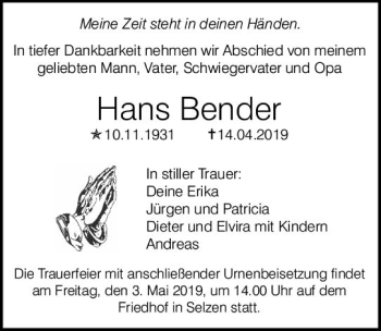 Traueranzeige von Hans Bender von vrm-trauer