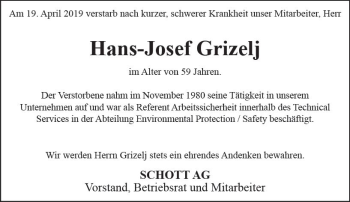 Traueranzeige von Hans-Josef Grizelj von vrm-trauer