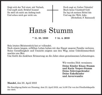 Traueranzeige von Hans Stumm von vrm-trauer