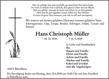Traueranzeige von Hans Christoph Müller von vrm-trauer