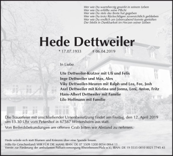 Traueranzeige von Hede Dettweiler von vrm-trauer