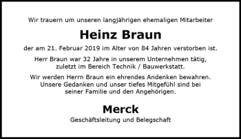 Traueranzeige von Heinz Braun von vrm-trauer