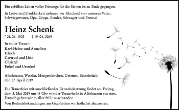 Traueranzeige von Heinz Schenk von  WNZ - Wetzlarer Neue Zeitung ()