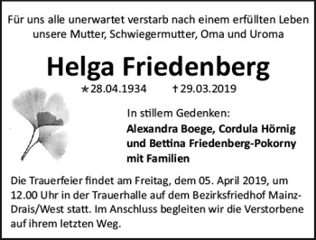 Traueranzeige von Helga Friedenberg von vrm-trauer