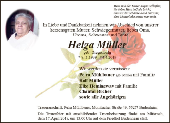 Traueranzeige von Helga Müller von vrm-trauer