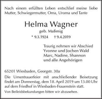 Traueranzeige von Helma Wagner von vrm-trauer