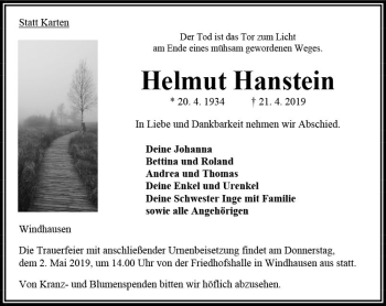 Traueranzeige von Helmut Hanstein von VRM Trauer