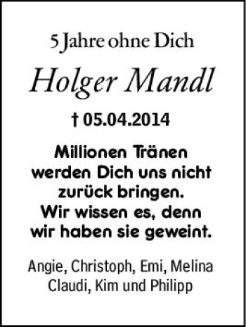 Traueranzeige von Holger Mandl von vrm-trauer