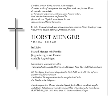 Traueranzeige von Horst Menger von vrm-trauer