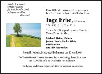 Traueranzeige von Inge Erbe von  WBT - Weilburger Tageblatt ()