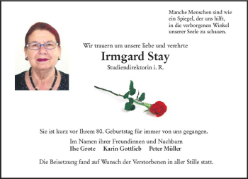 Traueranzeige von Irmgard Stay von vrm-trauer