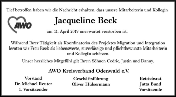 Traueranzeige von Jacqueline Beck von vrm-trauer
