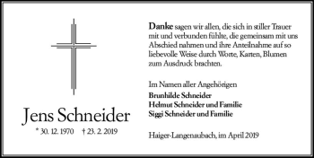 Traueranzeige von Jens Schneider von  Dill Block ()