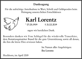 Traueranzeige von Karl Lorentz von vrm-trauer