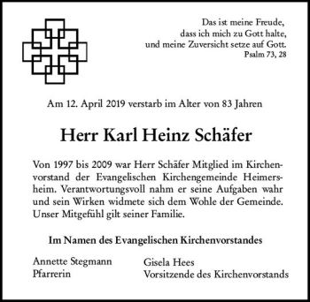 Traueranzeige von Karl Heinz Schäfer von vrm-trauer
