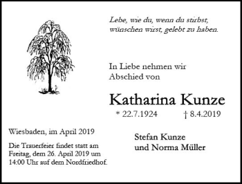 Traueranzeige von Katharina Kunze von vrm-trauer
