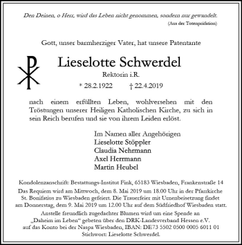 Traueranzeige von Lieselotte Schwerdel von vrm-trauer
