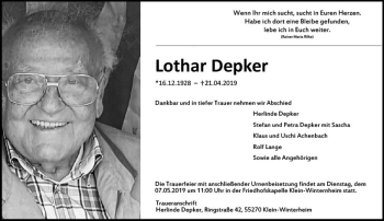 Traueranzeige von Lothar Depker von vrm-trauer