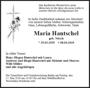 Traueranzeige von Maria Hantschel von vrm-trauer