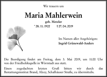 Traueranzeige von Maria Mahlerwein von vrm-trauer