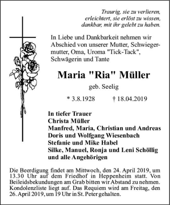 Traueranzeige von Maria Müller von vrm-trauer