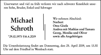 Traueranzeige von Michael Schroth von vrm-trauer
