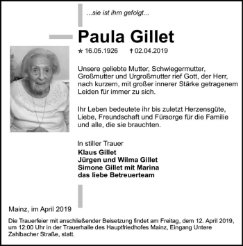 Traueranzeige von Paula Gillet von vrm-trauer