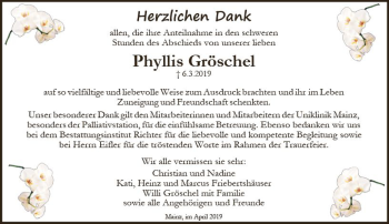 Traueranzeige von Phyllis Gröschel von vrm-trauer