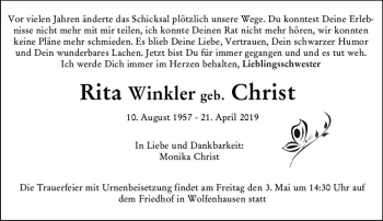 Traueranzeige von Rita Winkler von  WBT - Weilburger Tageblatt ()