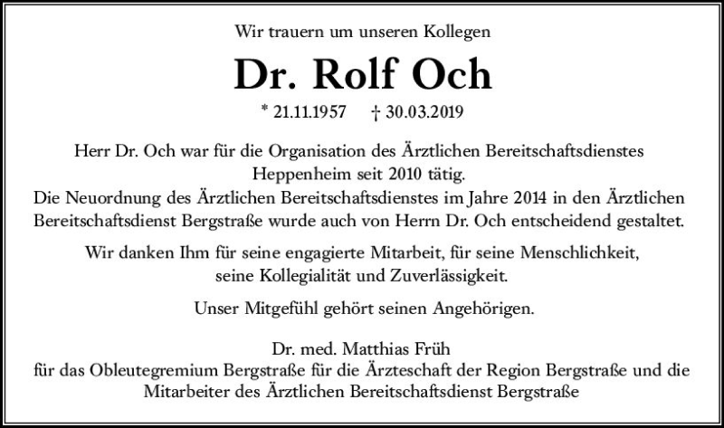  Traueranzeige für Rolf Och vom 13.04.2019 aus vrm-trauer