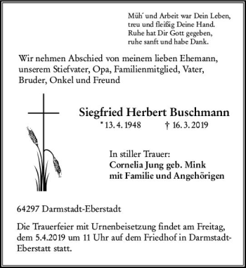 Traueranzeige von Siegfried Herbert Buschmann von vrm-trauer