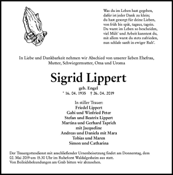 Traueranzeige von Sigrid Lippert von vrm-trauer