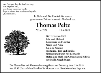 Traueranzeige von Thomas Peltz von vrm-trauer