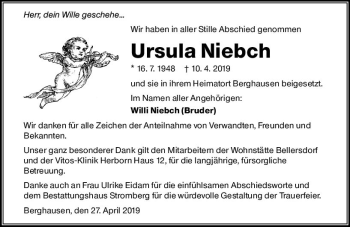 Traueranzeige von Ursula Niebch von  WNZ - Wetzlarer Neue Zeitung ()