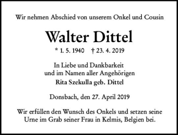 Traueranzeige von Walter Dittel von  Dill Block ()